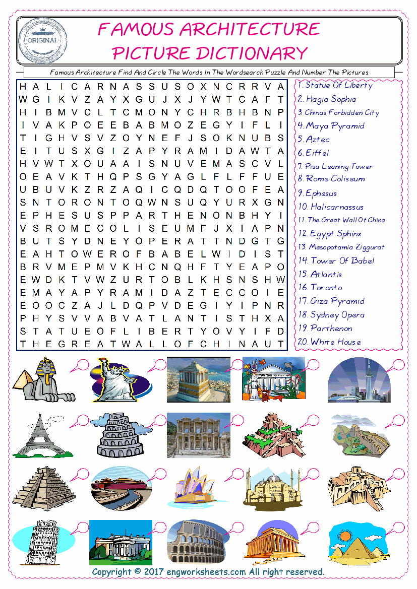  ESL wordsearch worksheets for kids, find Famous Architecture words in the word wordsearch write its number on its picture English worksheet. 